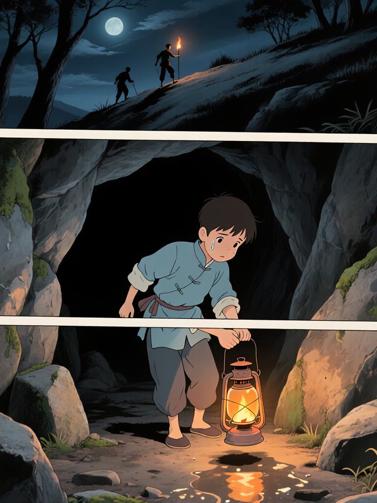 第5章:井底的回魂
野子被我爷放在洞口，用灯笼阻挡外物，他独自下到山洞里寻找命心子。在土台的土坑里挖土时，身后出现熟悉又陌生的声音，逼他回忆起三年前那段模糊又恐怖的记忆。对方宣称当年将他“掐死”，并告诉他脚下埋着当年死时穿的衣服，诱使他继续挖探真相——就在他挖出布片的一瞬，彻底的恐惧袭来，故事推向悬念。 - 图片1