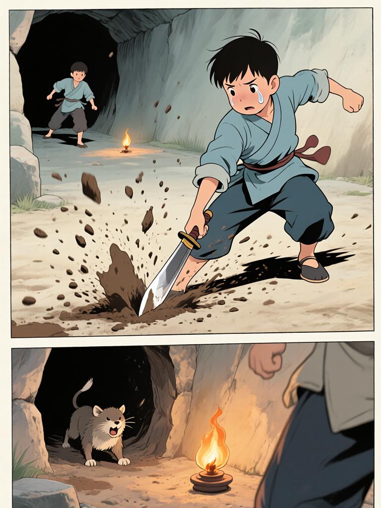 第5章:井底的回魂
野子被我爷放在洞口，用灯笼阻挡外物，他独自下到山洞里寻找命心子。在土台的土坑里挖土时，身后出现熟悉又陌生的声音，逼他回忆起三年前那段模糊又恐怖的记忆。对方宣称当年将他“掐死”，并告诉他脚下埋着当年死时穿的衣服，诱使他继续挖探真相——就在他挖出布片的一瞬，彻底的恐惧袭来，故事推向悬念。 - 图片6