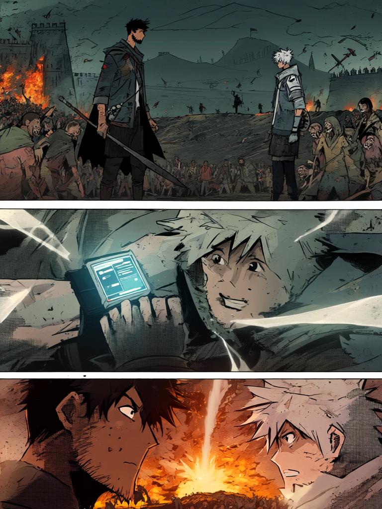 第5章:坠落与试炼
陆隐在城外的黑市以三颗能量晶体买到一张地图，并被赠予一颗珍贵药丸后前往城南荒山寻找线索。钟山顶层会议正在讨论扩张聚集地与损失，众人却被突如其来的天外流星打断。流星坠落形成巨坑，白色宇宙舱出现，一名白甲短发青年从舱中走出并对陆隐所在方向发动突袭，金陵城内外同时陷入混乱与战斗。 - 图片19