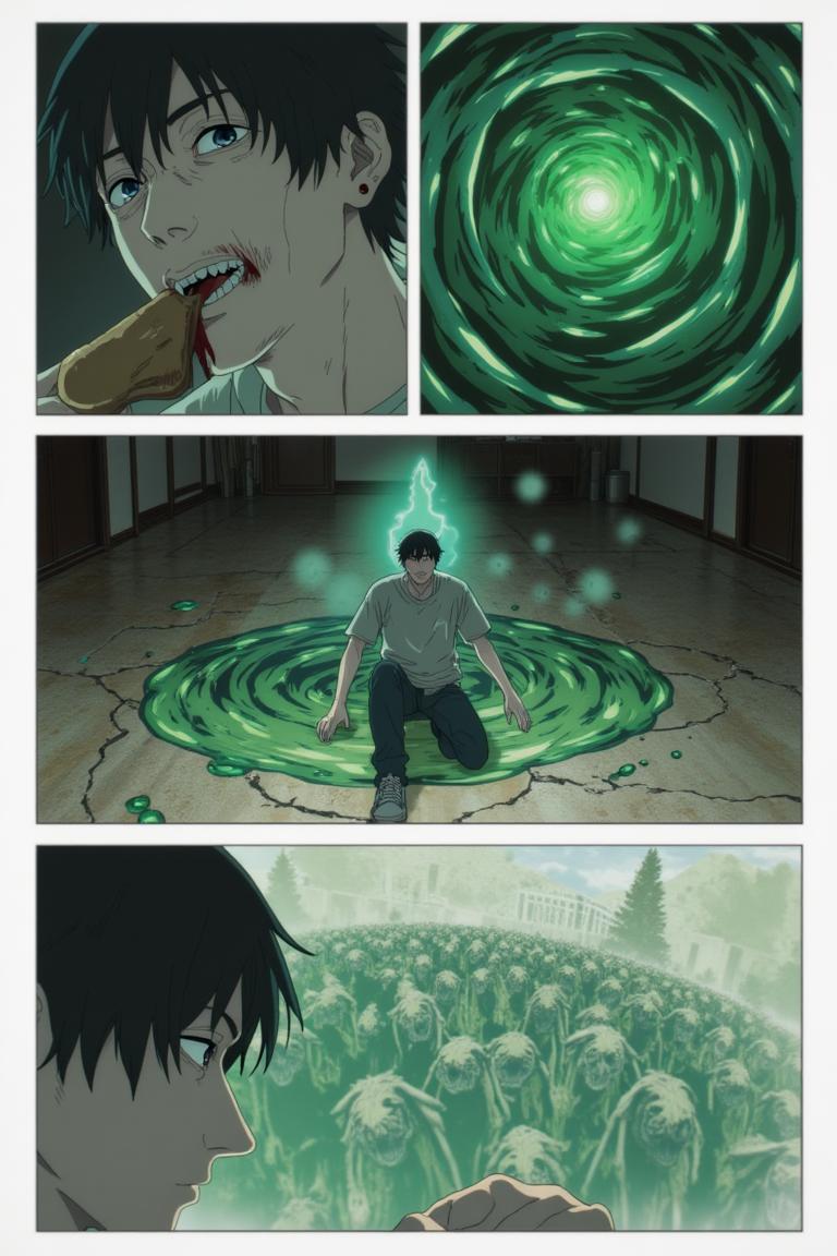 第3章:Two Devils, One Eye
Surrounded by a writhing horde and a towering corpse-mountain, Shisan's two contracted devils manifest: a green, regenerative aura and a colossal crimson claw. He pays the price—losing his right eye—to summon the claw and lashes out, mowing down hordes, but the Zombie Demon bites the claw and retaliates, leaving Shisan wounded and the true fight beginning. Blood, tooth, and smoke set the stage for a desperate duel: Shisan's fury versus the zombified boss that led him into the trap. - 图片1