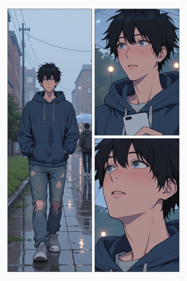 第3章:After the Rain, New Beginnings
Luo Ye shelters Su Baizhou from a sudden downpour by giving her his jacket; he watches her walk away and is struck by regret and fascination. He returns to the dorm and meets his new roommates — the friendly hometown guy Li Haoyang, the impossibly handsome Shen Qiao, and the goofy but warm Wang Dachui — and they bond over small talk and preparations for the upcoming military training. The brief rain encounter lingers in Luo Ye's thoughts as he steps into campus life with new companions. - 图片3