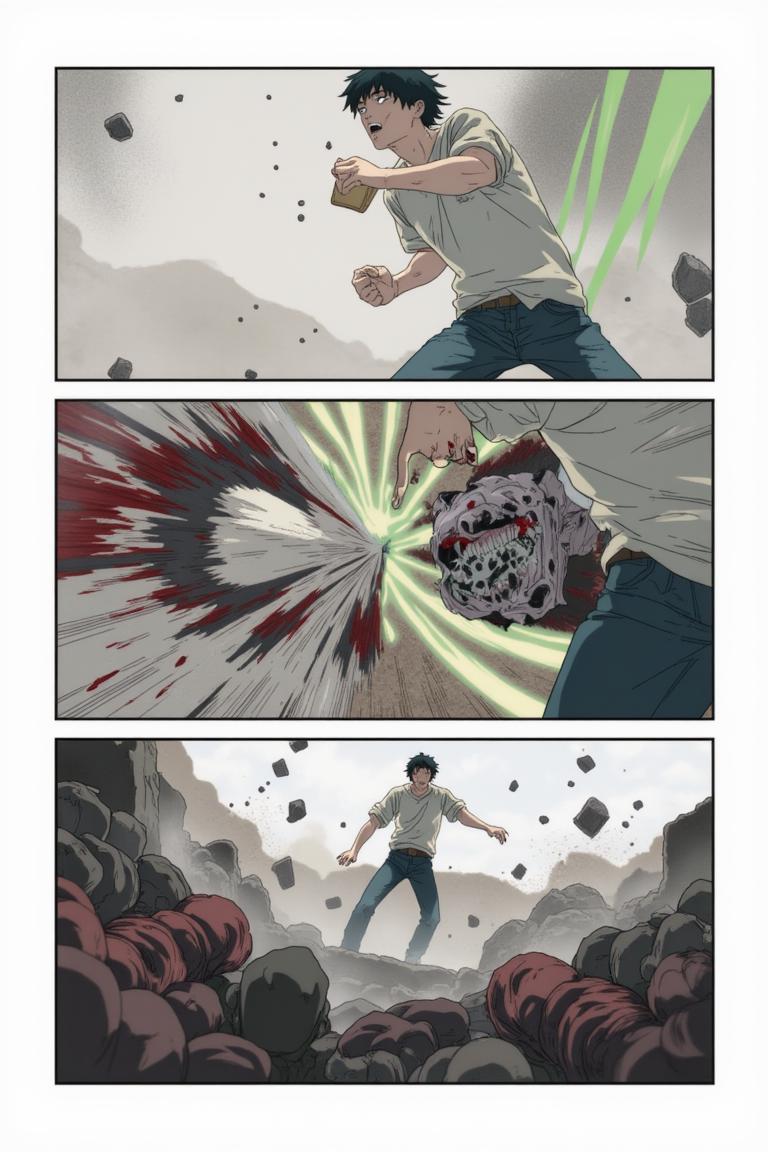 第3章:Two Devils, One Eye
Surrounded by a writhing horde and a towering corpse-mountain, Shisan's two contracted devils manifest: a green, regenerative aura and a colossal crimson claw. He pays the price—losing his right eye—to summon the claw and lashes out, mowing down hordes, but the Zombie Demon bites the claw and retaliates, leaving Shisan wounded and the true fight beginning. Blood, tooth, and smoke set the stage for a desperate duel: Shisan's fury versus the zombified boss that led him into the trap. - 图片15