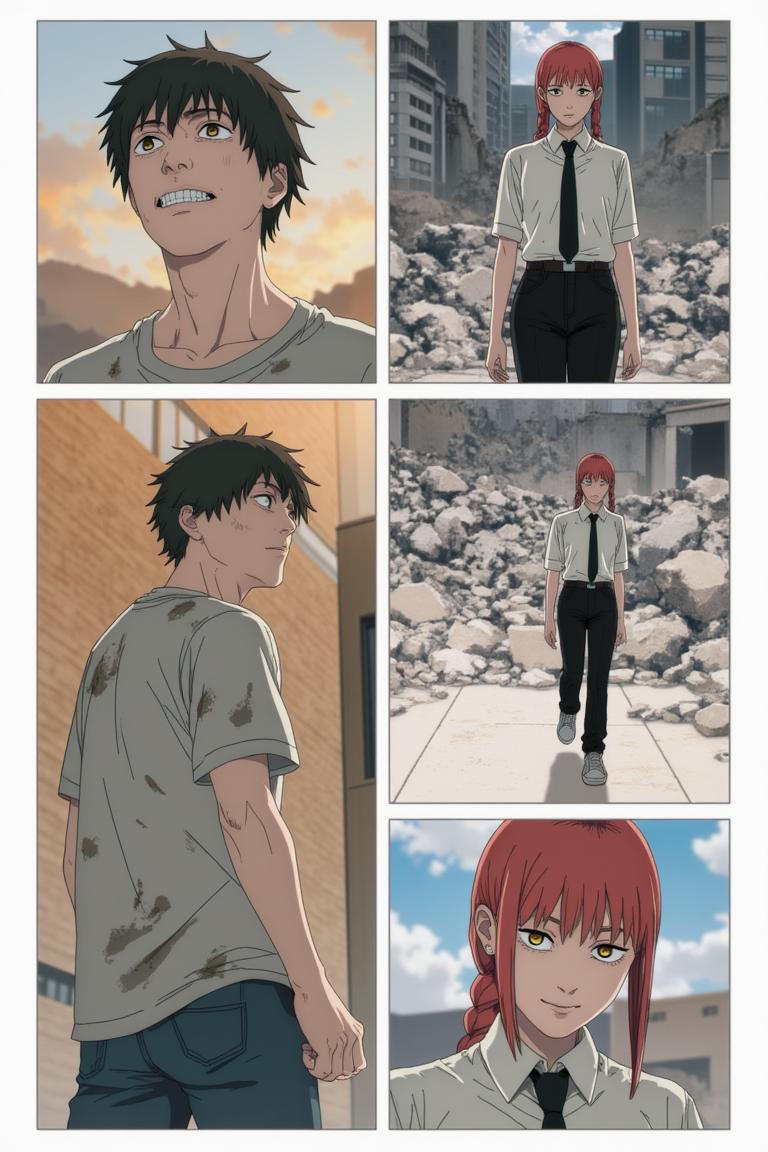 第4章:Red Maw, Green Remedy
Shisan is slammed and trapped by the flexible, brutal arms of the Zombie Demon as his regenerative Viridian Devil struggles to keep him whole. The Claw Devil and the Gluttony (Famine) Devil intervene in a savage ballet of tearing flesh and roaring hunger, turning the fight into an all-consuming purge. Exhausted and half-destroyed, Shisan collapses unconscious — only to be cradled and prodded awake by a calm woman with a braid who calls herself Makima. - 图片14