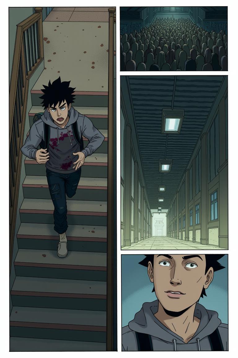 第9章:Upstairs Breath
Jiang Yi recognizes the hulking ascended zombie from the canteen massacre — the corpse whose dropped corpse-core he stole. Trapped in the guard room, he flees upstairs as zombies pound the windows and stairwells, barely holding on when a sudden female zombie ambushes him on the fourth floor. Just as he thinks to finish it, the dormitory door nearby is violently breached, forcing him to run to the fifth floor, heart pounding and hope thinning. - 图片4