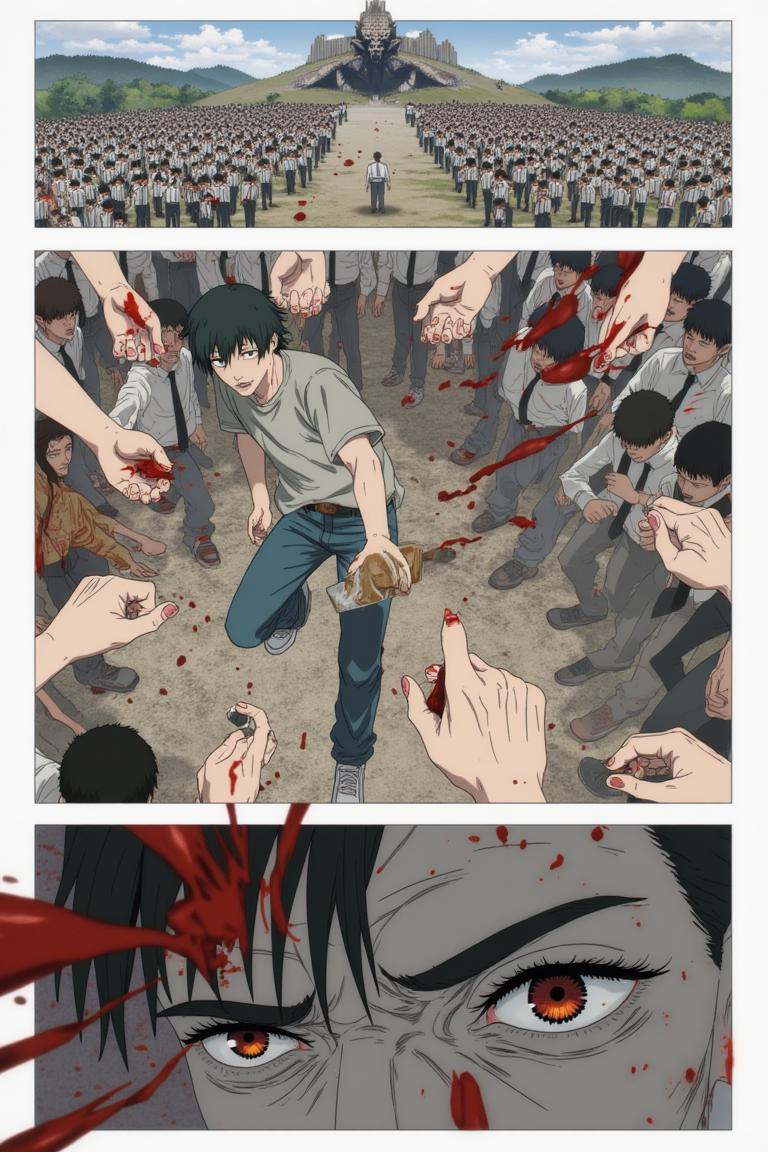 第3章:Two Devils, One Eye
Surrounded by a writhing horde and a towering corpse-mountain, Shisan's two contracted devils manifest: a green, regenerative aura and a colossal crimson claw. He pays the price—losing his right eye—to summon the claw and lashes out, mowing down hordes, but the Zombie Demon bites the claw and retaliates, leaving Shisan wounded and the true fight beginning. Blood, tooth, and smoke set the stage for a desperate duel: Shisan's fury versus the zombified boss that led him into the trap. - 图片7