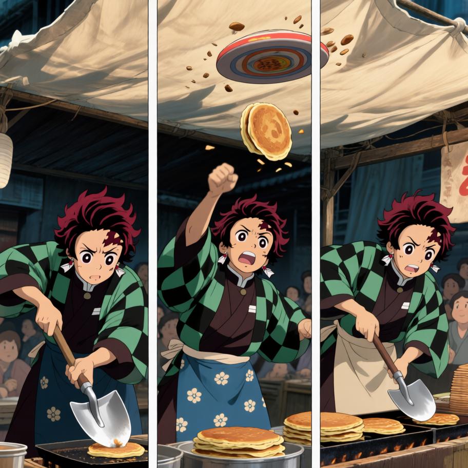 在村祭的临时料理大赛上，炭治郎决定把“呼吸法”用在烹饪上，目标是做出完美的煎饼以博得大家欢心。过程中冲突来自他把战斗式的呼吸误用到厨房，引发火焰失控与观众笑声。情绪从平静训练→紧张失控→高能拯救与意外好评，最后以悬念收尾：有人在远处吹响了号角，暗示新的竞争者到来。 - 图片7