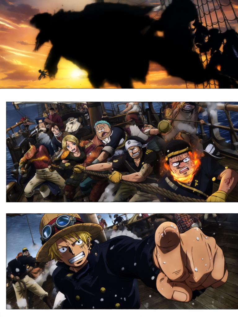 第17章:刀尖与影子：终焉前的搏斗
时间凝固，舵影扯向路飞，娜美与罗宾为了草帽与他的生命拼尽全力。面具人举刀欲献祭，幽蓝符文与甲板上的空气撕裂。就在刀尖将落下时，一个意想不到的影子掠过，打断了瞬间，也将战局推向更深的未知。 - 图片9