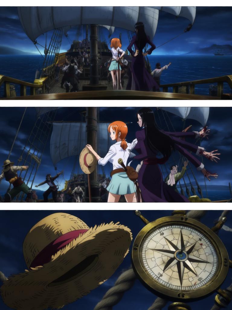 第4章:夕阳下的撕扯——草帽、誓言与引路的罗盘
千阳号被黑色舰队撞击，路飞被抛起并失去行动能力；娜美与罗宾并肩拆除抑制装置，两人因抢救草帽与路飞发生激烈拉扯；旗舰将三人吞入舱口，草帽留在甲板上，海心罗盘指向更远的谜题，娜美与罗宾立誓要把他们带回。 - 图片20