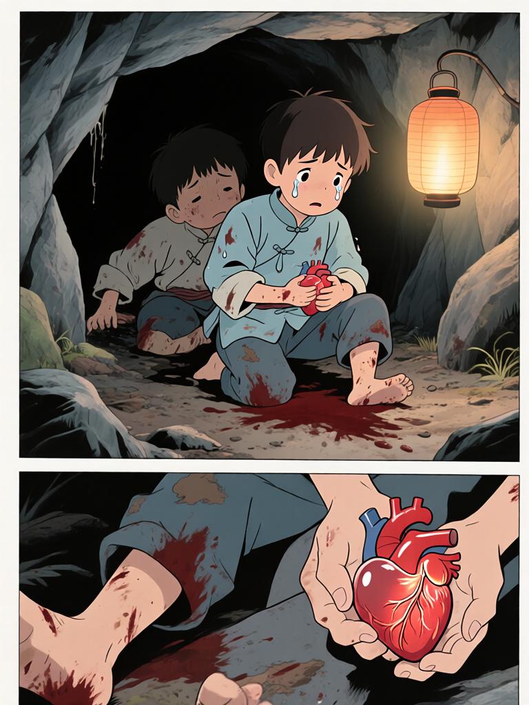 第4章:灯笼下的命心子
夜色中，陈如飞布下爆破，引出洞中的怪物；野子被炸入洞内，举灯挡住来袭生物并被迫深入寻找那生物胸中的命心子。陈如飞为保护野子与怪物搏斗，最终被拖入黑洞，野子带着命心子逃出，决心将来复仇。 - 图片15