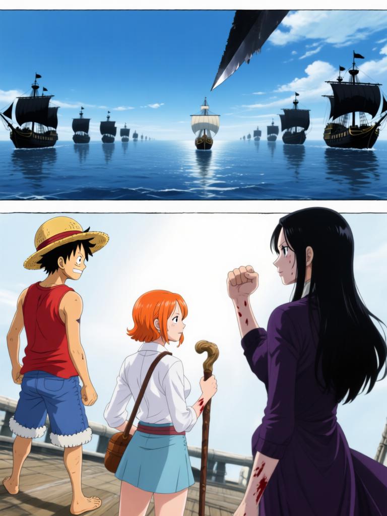 第538章:失落之路的呼唤
晨光如刀，千阳号甲板上紧张在娜美与罗宾之间酝酿。三人上岛追寻传说中的“海心罗盘”，拍卖场上埋伏暴露出更大的阴谋：罗盘是钥匙，指向一个与路飞有关的古老碎片。就在真相渐近之时，黑色舰队出现，巨影疾撞向千阳号，故事在撞击前戛然而止。 - 图片13