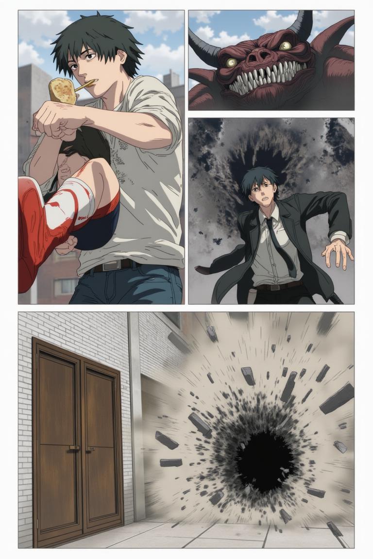 第5章:A New Assignment — Muscle Devil on Kujawano Street
Shisan, still dazed by Makima's unexpected gentleness, accepts bread and a place under her command before being fitted into a Public Safety uniform. He's assigned to Special Action 4 under Hayakawa Aki and leaps onto Aki's motorcycle to a demon assault on Kujawano Street. There, they encounter a towering Muscle Devil — a brutal chase and clash begin that forces Shisan and Aki to retreat into a ruined building as the devil pursues them. - 图片12