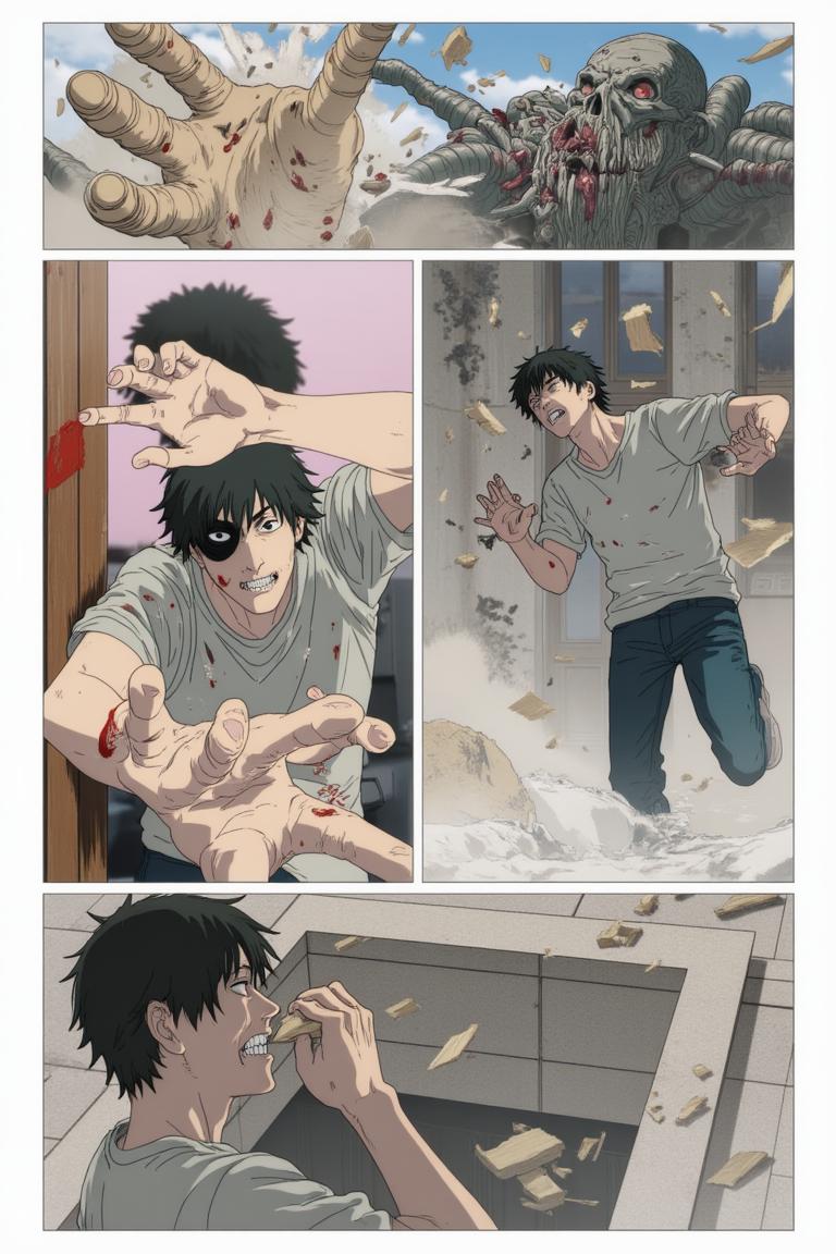 第4章:Red Maw, Green Remedy
Shisan is slammed and trapped by the flexible, brutal arms of the Zombie Demon as his regenerative Viridian Devil struggles to keep him whole. The Claw Devil and the Gluttony (Famine) Devil intervene in a savage ballet of tearing flesh and roaring hunger, turning the fight into an all-consuming purge. Exhausted and half-destroyed, Shisan collapses unconscious — only to be cradled and prodded awake by a calm woman with a braid who calls herself Makima. - 图片3