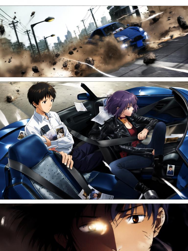 第3章:碎片与救赎的天使圈
空对地导弹射向使徒，却被看不见的屏障挡在前方，使徒反击，战机残骸四散。飞来的碎片朝街头冲来，紫发女子驾车及时横挡救下少年并带他逃离。途中国防部投放的N2地雷引发巨大爆炸，少年被冲击击晕，紫发女子焦急呼喊。 - 图片12