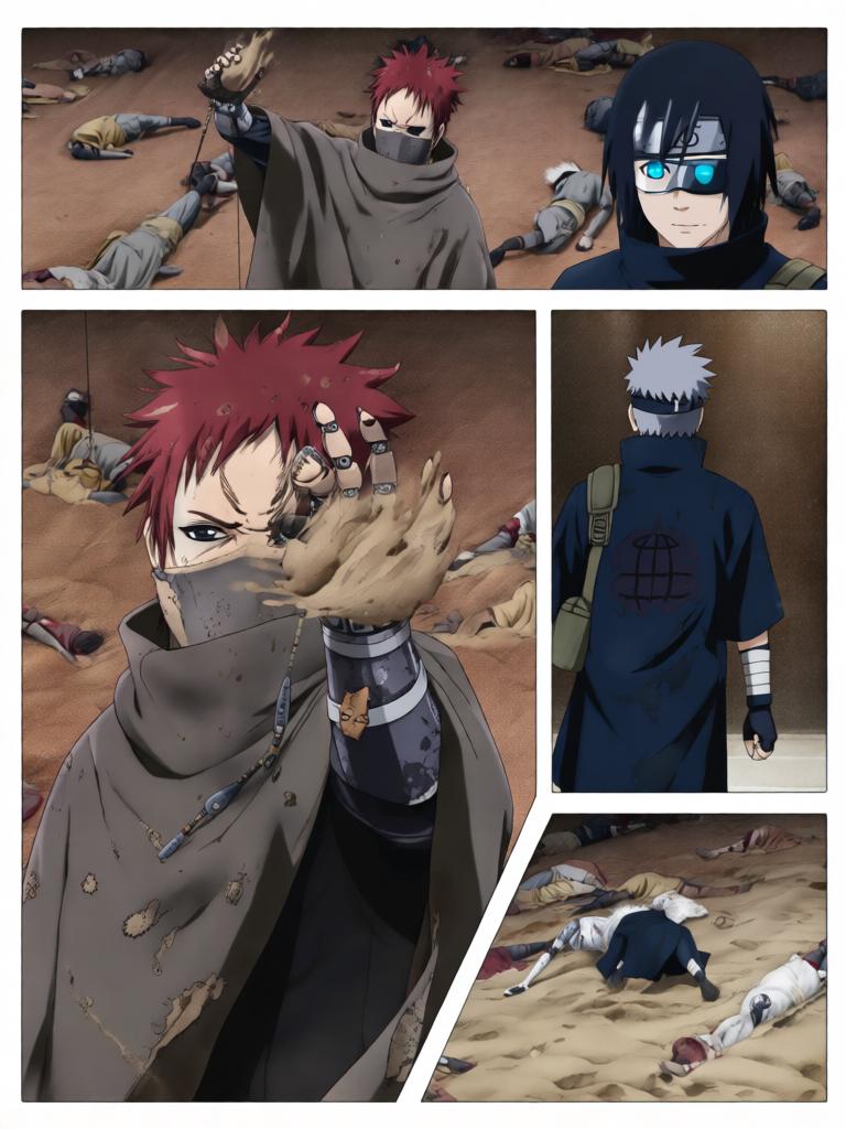 第4章:戈壁剧场：赤砂之蝎的邀约
日向镜与三井中一来到空旷接头点，远处一名裹斗篷的陌生人旁躺着几具砂忍尸体。陌生人揭下面罩，自称赤砂之蝎，现场氛围骤然恶化，沙堆中隐藏的傀儡悄然蠢动。战斗一触即发，日向镜凭借转生眼与轮转如意暂时应对，但埋伏远比想象更深，剧情以巨响与危机为结尾。 - 图片15