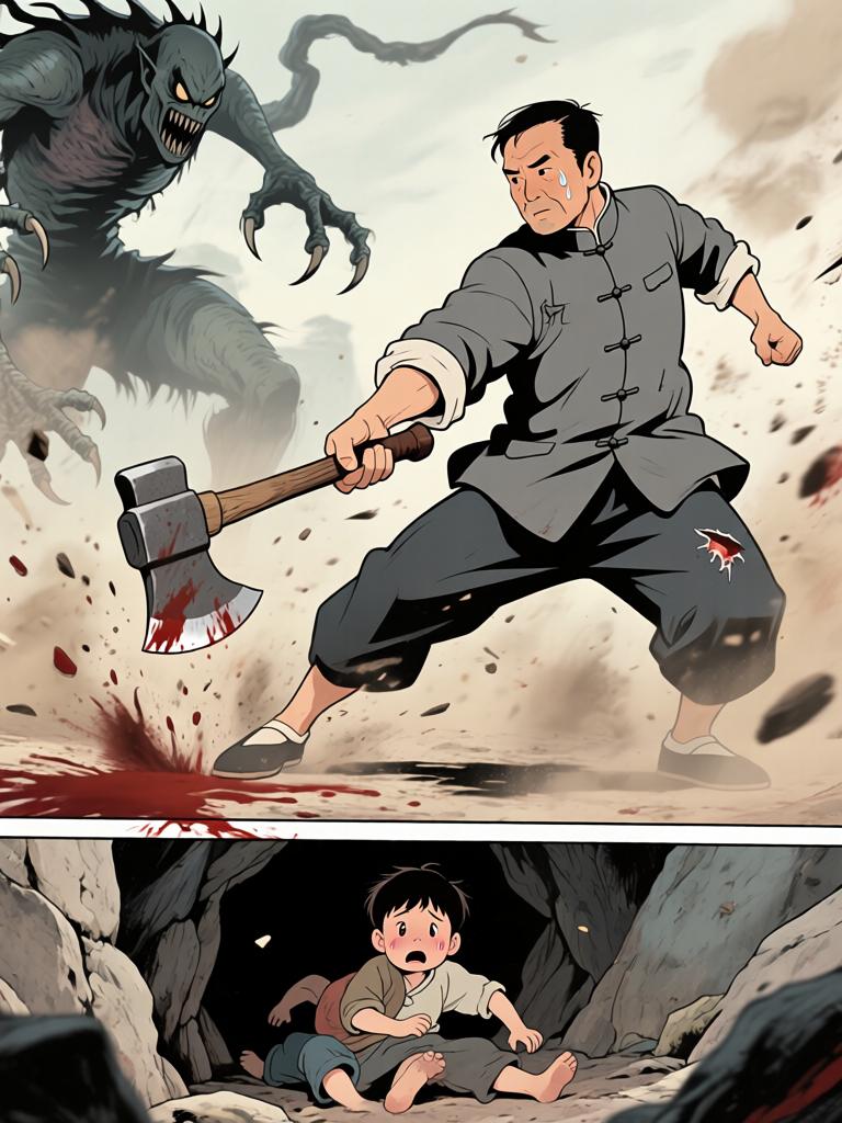 第4章:灯笼下的命心子
夜色中，陈如飞布下爆破，引出洞中的怪物；野子被炸入洞内，举灯挡住来袭生物并被迫深入寻找那生物胸中的命心子。陈如飞为保护野子与怪物搏斗，最终被拖入黑洞，野子带着命心子逃出，决心将来复仇。 - 图片13