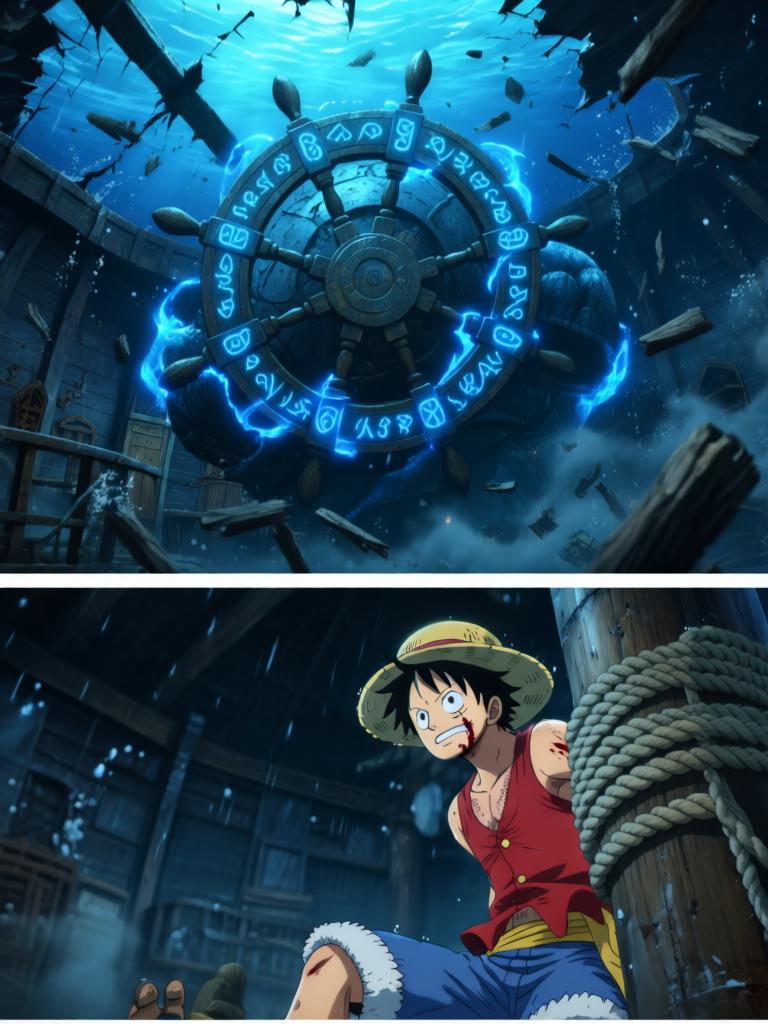 第6章:舵影的呼唤：草帽与选择
千阳号舱内，古老的舵影自舱顶翻转并释放幽蓝符文，路飞被束缚，草帽成为关键。娜美与罗宾同时奋力拆解仪器并争夺草帽，二人在危机中交叠出复杂情感。舵影最终认主，舱内与海面被神秘力量撕扯，故事在高潮的拉扯与选择中悬停。 - 图片1