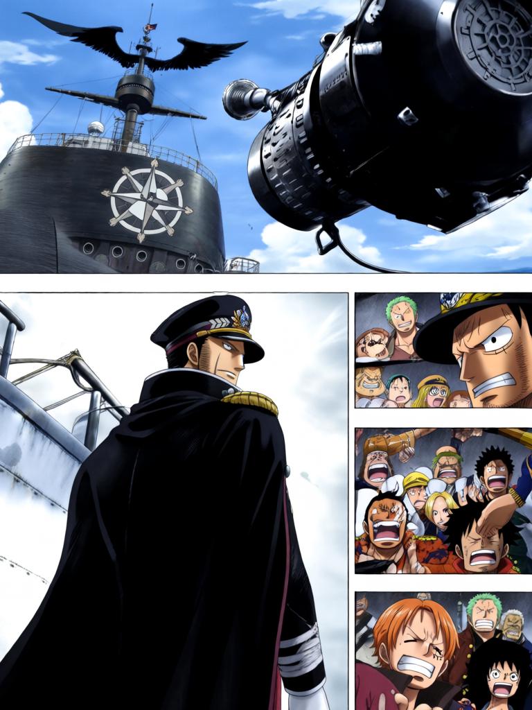 第2章:千阳号的呼救：黑翼罗盘与两位守护者
黑色舰队突然撞向千阳号，路飞被抛起，娜美与罗宾同时伸手相救，触碰之际情感流动。敌方暴露他们要“D”的血作为钥匙，放出能抑制橡胶能力的黑色网。娜美与罗宾放下争执并肩拆除抑制装置，路飞怒吼迎敌，海心罗盘指针直指他胸口，旗舰下令：把他带上船来。 - 图片16