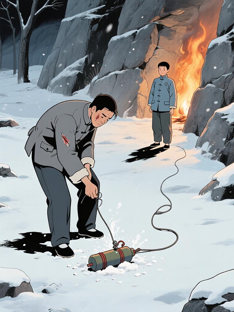 第3章:崖下的坟与承诺
我爷在深山里向我交代万一之事，叮嘱我要在二十四岁回来复仇，并教我如何在他可能牺牲时应对即将从坟中出现的东西。寒风、爆破和白布灯笼构成了这一夜的仪式，我在恐惧中被反复逼着记住每一句话。最后，火堆旁的钟表与他凝固的表情，把等待与不确定拉得更长。 - 图片13