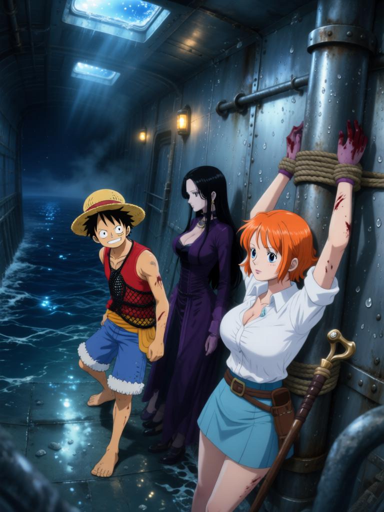 第5章:舵影之下的回归
舱内三人被束缚，敌方准备以草帽与“D”的血发动古老仪式。娜美与罗宾合力突围，将草帽试图戴回路飞，海心罗盘爆发幽蓝光芒唤醒海上的巨大舵影。舵影浮现，三人面对古老力量并肩应战，真相与毁灭的边缘一触即发。 - 图片1