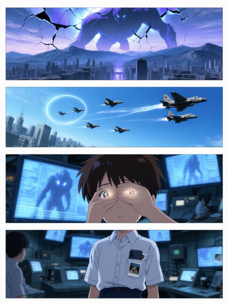 第2章:虚雾之际·蓝发幽影
第二新东京市在紧急疏散中陷入死寂，紫发女子急寻那个害羞的少年。少年在街头意外看见神秘的蓝发少女凌波丽，而远方天际出现了巨大的使徒。指挥部在屏幕前冷笑，隐藏的计划悄然启动。 - 图片6