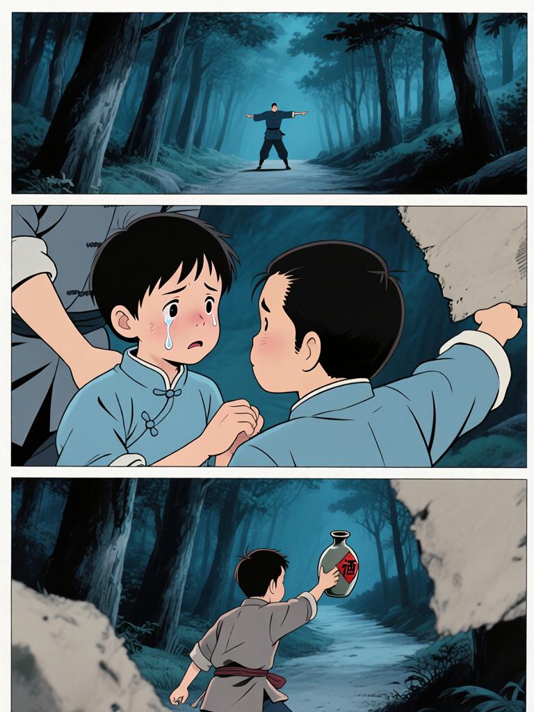 第2章:十二岁的路口
我爷把野子锁进红木箱，独自出门迎战来袭的邪影。回来时满身血色他说出了家的来历、太爷的遭遇与逼近的期限——野子要在十二岁那年上山用御神酒断祸。离别前，爷交代了箱中钱信与赴京寻人的地址，嘱咐若他死，要带箱子逃生并二十四岁再回来复仇。 - 图片15