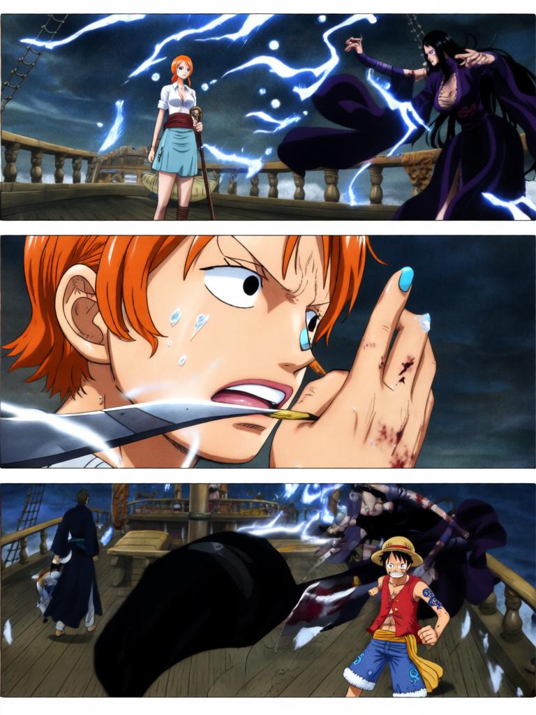 第17章:刀尖与影子：终焉前的搏斗
时间凝固，舵影扯向路飞，娜美与罗宾为了草帽与他的生命拼尽全力。面具人举刀欲献祭，幽蓝符文与甲板上的空气撕裂。就在刀尖将落下时，一个意想不到的影子掠过，打断了瞬间，也将战局推向更深的未知。 - 图片8