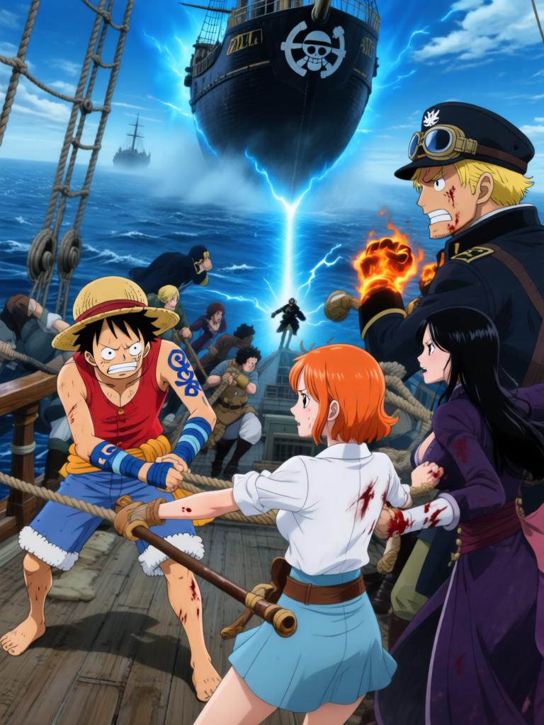 第17章:刀尖与影子：终焉前的搏斗
时间凝固，舵影扯向路飞，娜美与罗宾为了草帽与他的生命拼尽全力。面具人举刀欲献祭，幽蓝符文与甲板上的空气撕裂。就在刀尖将落下时，一个意想不到的影子掠过，打断了瞬间，也将战局推向更深的未知。 - 图片20