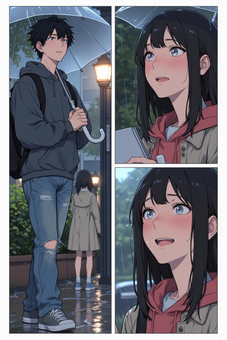 第2章:Rain, Lightning and an Unexpected Meet-cute
Luo Ye leaves the library into a sudden downpour and sees senior Su Baizhou rush out in the rain. He offers her his umbrella; lightning reveals her unexpected fear of thunder. They take shelter, fumble through awkward conversation, and discover via phones that they are linked through mutual acquaintances — turning an ordinary rain delay into a memorable first meeting. - 图片2