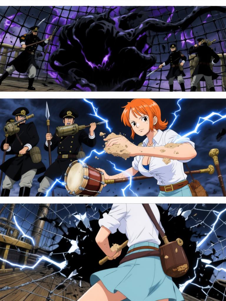 第6章:舵影的呼唤：草帽与选择
千阳号舱内，古老的舵影自舱顶翻转并释放幽蓝符文，路飞被束缚，草帽成为关键。娜美与罗宾同时奋力拆解仪器并争夺草帽，二人在危机中交叠出复杂情感。舵影最终认主，舱内与海面被神秘力量撕扯，故事在高潮的拉扯与选择中悬停。 - 图片6