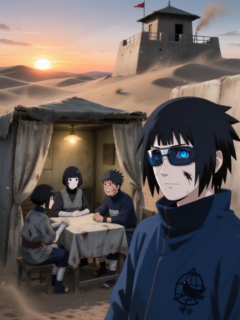 第3章:轮转如意·暗沙哨所的觉醒
傍晚，红豆与小田来访，透露了一个可能能调回村子的“特殊任务”。数日后，受伤归来的红豆揭露那是个陷阱，小田已战死；日向镜由此怀疑村方阴谋并暗生警惕。经历适应期后，日向镜觉醒转生眼与新术“轮转如意”，同时发现能力有范围与查克拉瓶颈，既振奋又清醒自省，决心以新实力求生并寻找真相。 - 图片1