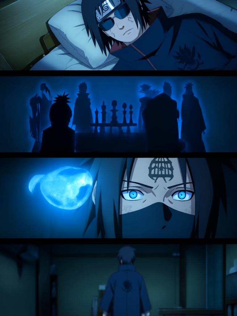 第3章:轮转如意·暗沙哨所的觉醒
傍晚，红豆与小田来访，透露了一个可能能调回村子的“特殊任务”。数日后，受伤归来的红豆揭露那是个陷阱，小田已战死；日向镜由此怀疑村方阴谋并暗生警惕。经历适应期后，日向镜觉醒转生眼与新术“轮转如意”，同时发现能力有范围与查克拉瓶颈，既振奋又清醒自省，决心以新实力求生并寻找真相。 - 图片11