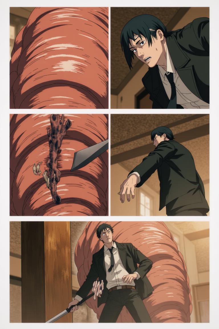 第6章:Collapse and Oden: Shisan and Aki
Inside a crumbling building the Muscle Devil smashes pillars and goads Shisan out of hiding. Aki fights wildly, Shisan's Gluttony-bound claws strike and become trapped as the Muscle Devil reveals the true snare — only to be decapitated by Aki's blade. After the rubble, awkward camaraderie and Makima's quiet orders send Shisan to room with Aki, and the chapter closes on a messy, warm meal at an oden stall. - 图片5