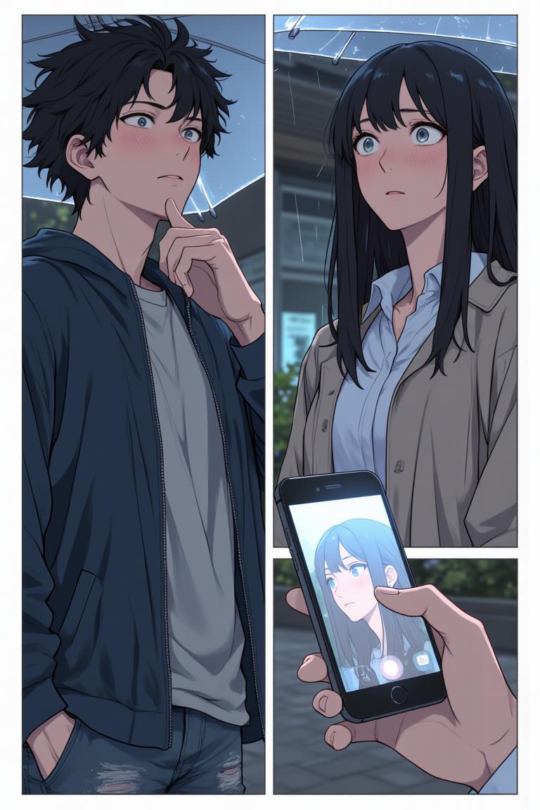 第2章:Rain, Lightning and an Unexpected Meet-cute
Luo Ye leaves the library into a sudden downpour and sees senior Su Baizhou rush out in the rain. He offers her his umbrella; lightning reveals her unexpected fear of thunder. They take shelter, fumble through awkward conversation, and discover via phones that they are linked through mutual acquaintances — turning an ordinary rain delay into a memorable first meeting. - 图片13