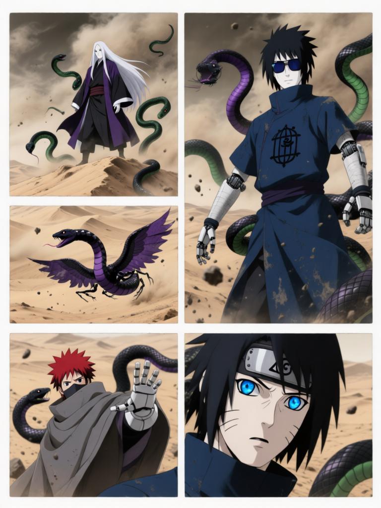 第5章:铁砂之舞与断线的假面
日向镜用轮转如意试图吸来赤砂之蝎，本以为能以此扭转劣势，结果吸来的竟是三代风影的人傀儡，查克拉线被扯断。傀儡自爆与漫天铁砂令沙场大乱，赤砂之蝎借机施展更多机关，局势危急。危急时刻，大蛇丸现身打断战局，蝎趁乱撤退，日向镜在硝烟中守住了三代风影的秘密，但新的威胁与谜题浮现。 - 图片13