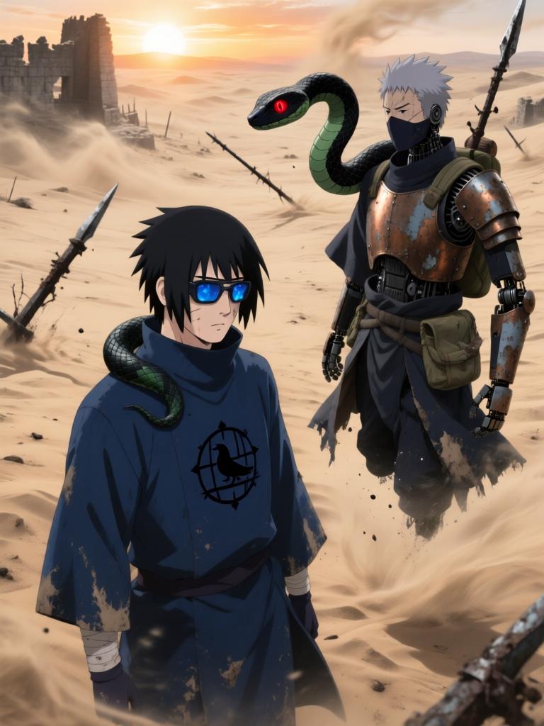 第6章:铁砂之下的抉择
日向镜在战场中被迫激活三代风影人傀儡以自保，赤砂之蝎召出十具红袍傀儡发动毒刃远程攻势。铁砂护盾连番承受骨质千本的撞击，形势愈发危急，日向镜不得不冒着生命危险注入转生眼查克拉唤醒傀儡的自主性以求突围。结尾以疲惫却决绝的日向镜与傀儡守护被毒侵蚀的秘密，留下未解的追击威胁与新的谜团。 - 图片1