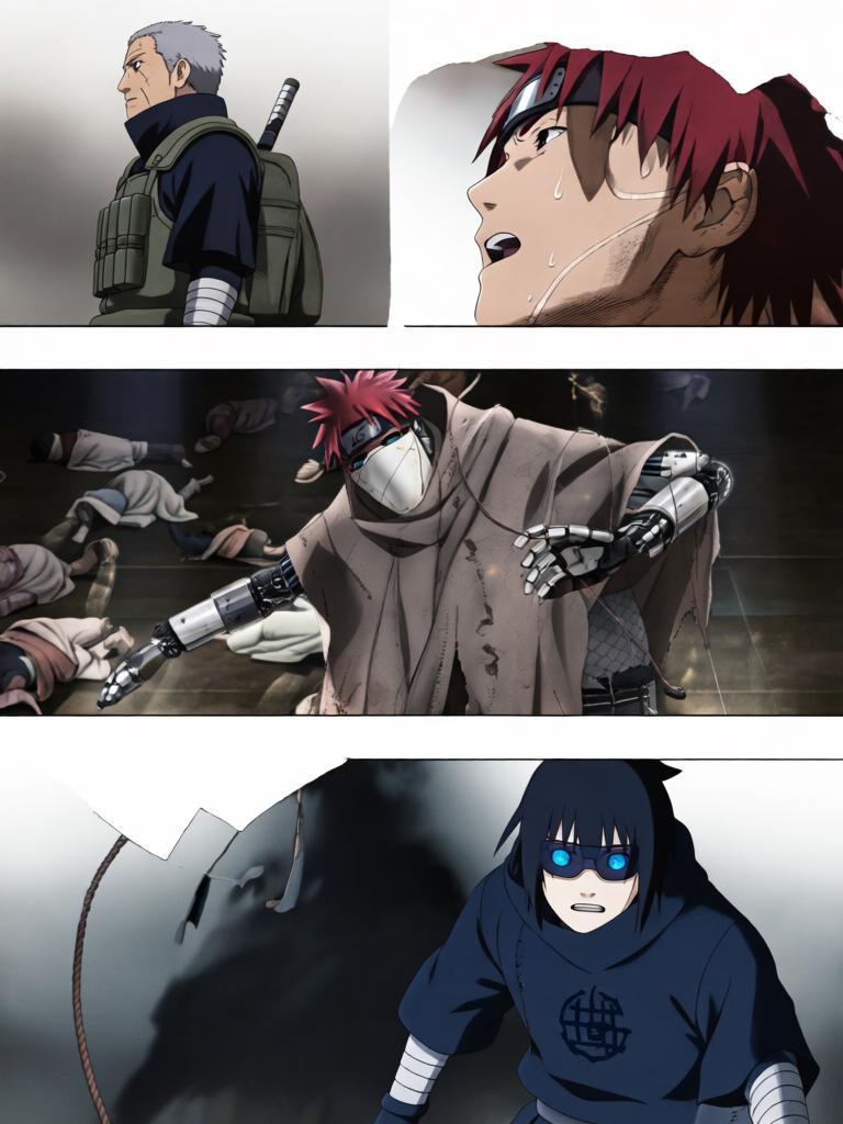 第4章:戈壁剧场：赤砂之蝎的邀约
日向镜与三井中一来到空旷接头点，远处一名裹斗篷的陌生人旁躺着几具砂忍尸体。陌生人揭下面罩，自称赤砂之蝎，现场氛围骤然恶化，沙堆中隐藏的傀儡悄然蠢动。战斗一触即发，日向镜凭借转生眼与轮转如意暂时应对，但埋伏远比想象更深，剧情以巨响与危机为结尾。 - 图片7