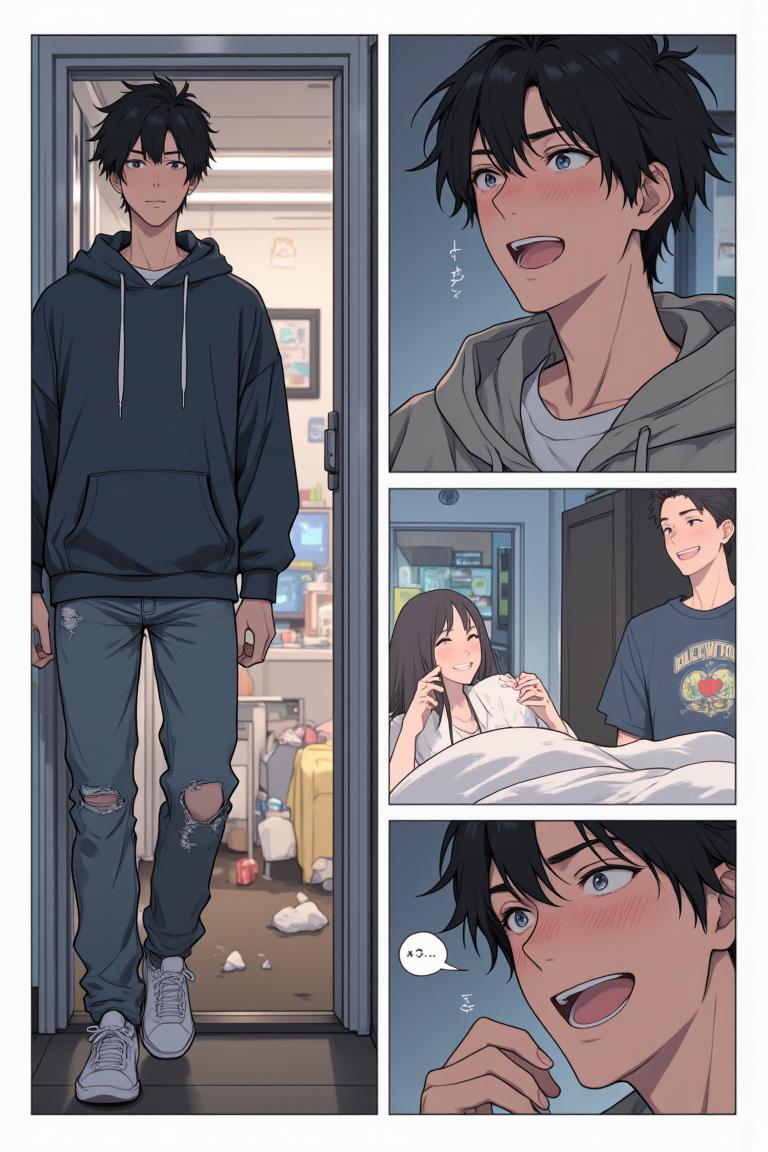 第3章:After the Rain, New Beginnings
Luo Ye shelters Su Baizhou from a sudden downpour by giving her his jacket; he watches her walk away and is struck by regret and fascination. He returns to the dorm and meets his new roommates — the friendly hometown guy Li Haoyang, the impossibly handsome Shen Qiao, and the goofy but warm Wang Dachui — and they bond over small talk and preparations for the upcoming military training. The brief rain encounter lingers in Luo Ye's thoughts as he steps into campus life with new companions. - 图片8