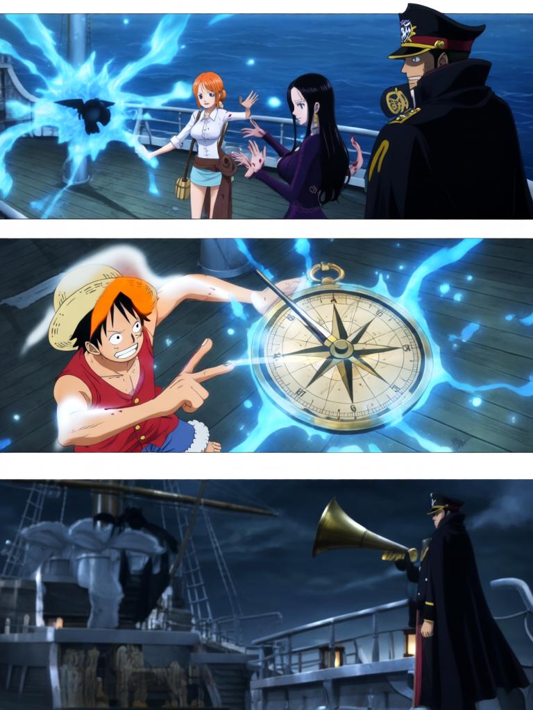 第4章:夕阳下的撕扯——草帽、誓言与引路的罗盘
千阳号被黑色舰队撞击，路飞被抛起并失去行动能力；娜美与罗宾并肩拆除抑制装置，两人因抢救草帽与路飞发生激烈拉扯；旗舰将三人吞入舱口，草帽留在甲板上，海心罗盘指向更远的谜题，娜美与罗宾立誓要把他们带回。 - 图片4