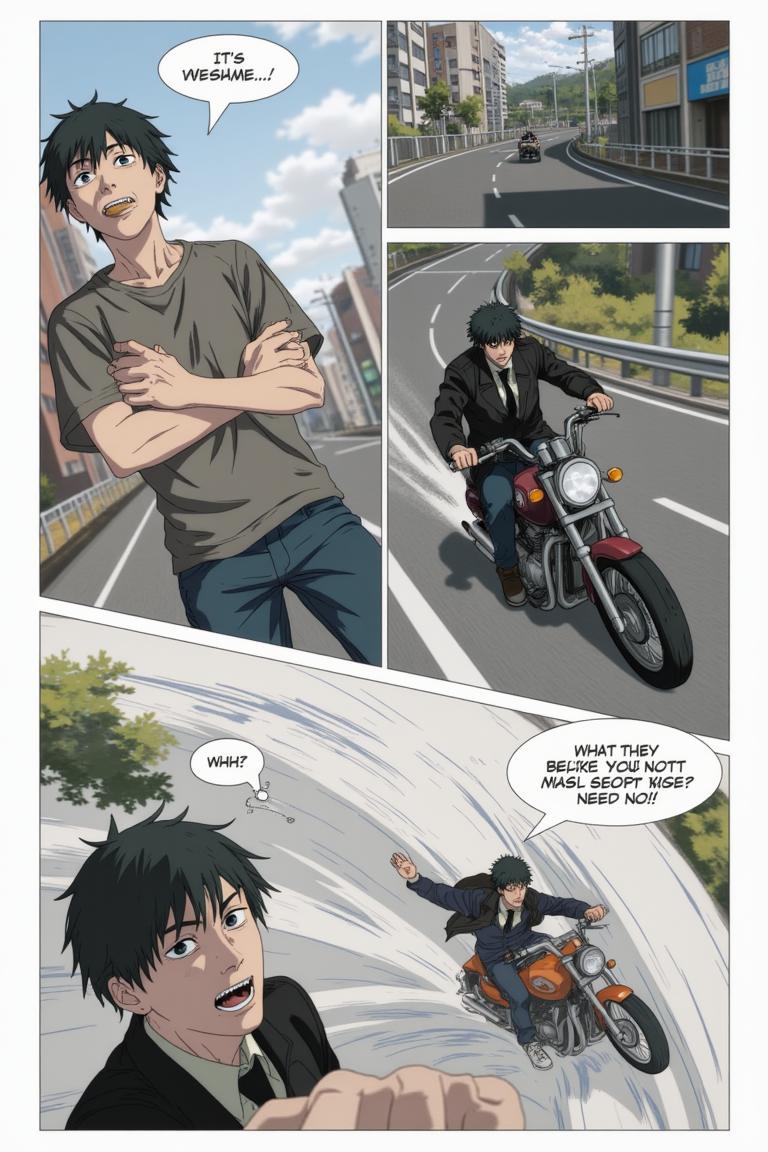 第5章:A New Assignment — Muscle Devil on Kujawano Street
Shisan, still dazed by Makima's unexpected gentleness, accepts bread and a place under her command before being fitted into a Public Safety uniform. He's assigned to Special Action 4 under Hayakawa Aki and leaps onto Aki's motorcycle to a demon assault on Kujawano Street. There, they encounter a towering Muscle Devil — a brutal chase and clash begin that forces Shisan and Aki to retreat into a ruined building as the devil pursues them. - 图片7