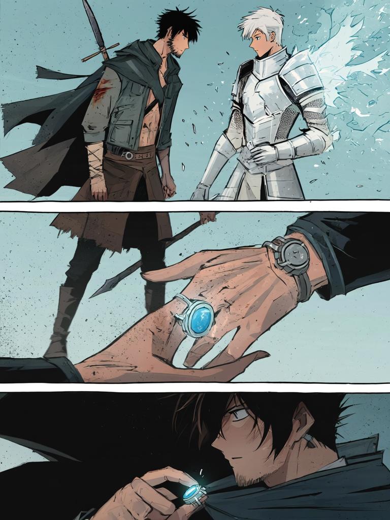 第6章:坠星与波动掌
一颗天外宇宙舱坠落，白甲短发青年亚斯塔出现并嘲讽陆隐。两人短暂交锋中陆隐迫使自己使用禁术“波动掌”，重创亚斯塔却付出手臂近乎废掉的代价。陆隐搜获亚斯塔的戒指战甲、个人终端与一枚从断指中掉落的晶片，为下一步行动获取关键线索。 - 图片14