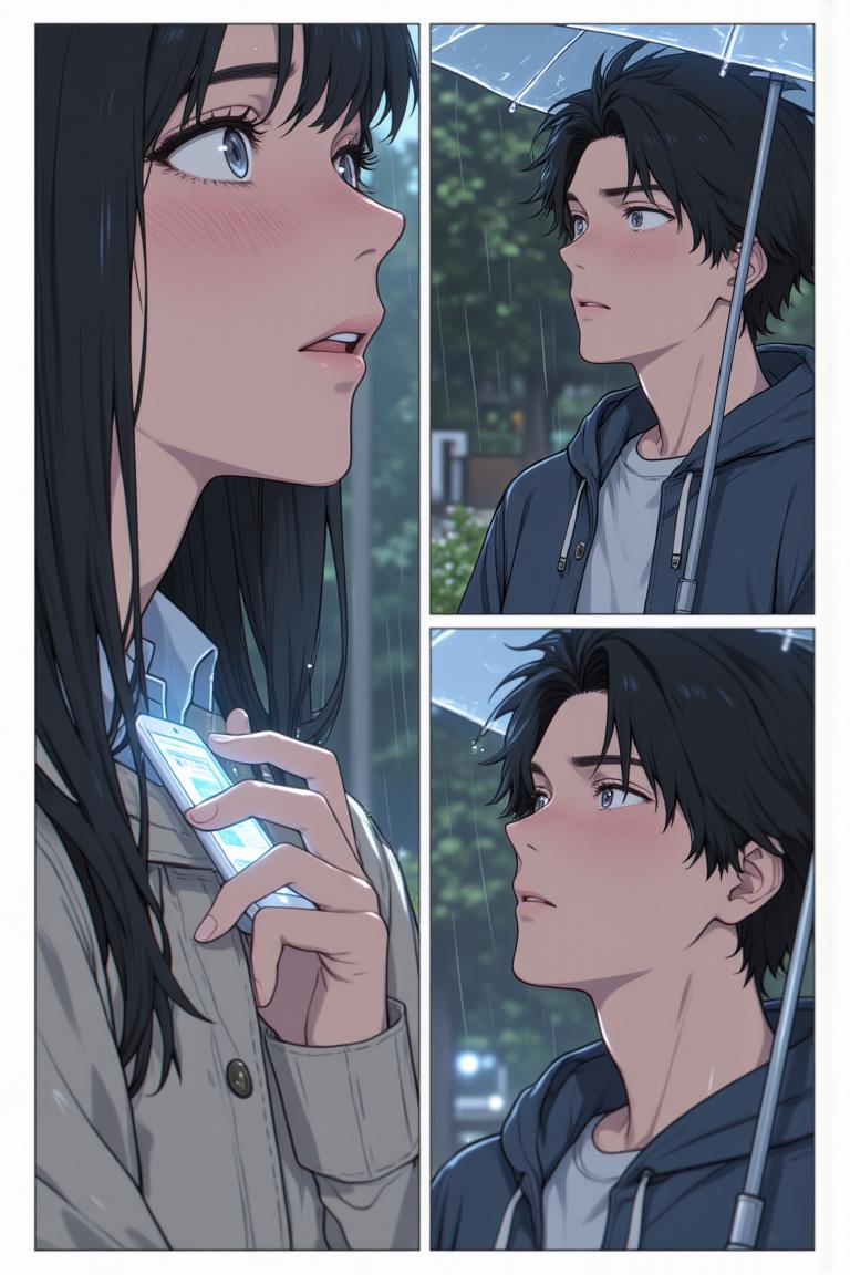 第2章:Rain, Lightning and an Unexpected Meet-cute
Luo Ye leaves the library into a sudden downpour and sees senior Su Baizhou rush out in the rain. He offers her his umbrella; lightning reveals her unexpected fear of thunder. They take shelter, fumble through awkward conversation, and discover via phones that they are linked through mutual acquaintances — turning an ordinary rain delay into a memorable first meeting. - 图片11