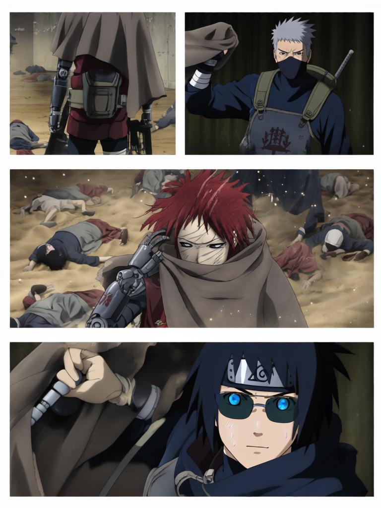 第4章:戈壁剧场：赤砂之蝎的邀约
日向镜与三井中一来到空旷接头点，远处一名裹斗篷的陌生人旁躺着几具砂忍尸体。陌生人揭下面罩，自称赤砂之蝎，现场氛围骤然恶化，沙堆中隐藏的傀儡悄然蠢动。战斗一触即发，日向镜凭借转生眼与轮转如意暂时应对，但埋伏远比想象更深，剧情以巨响与危机为结尾。 - 图片6