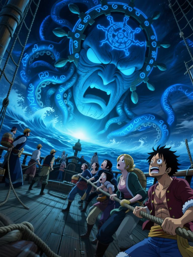 第17章:刀尖与影子：终焉前的搏斗
时间凝固，舵影扯向路飞，娜美与罗宾为了草帽与他的生命拼尽全力。面具人举刀欲献祭，幽蓝符文与甲板上的空气撕裂。就在刀尖将落下时，一个意想不到的影子掠过，打断了瞬间，也将战局推向更深的未知。 - 图片17