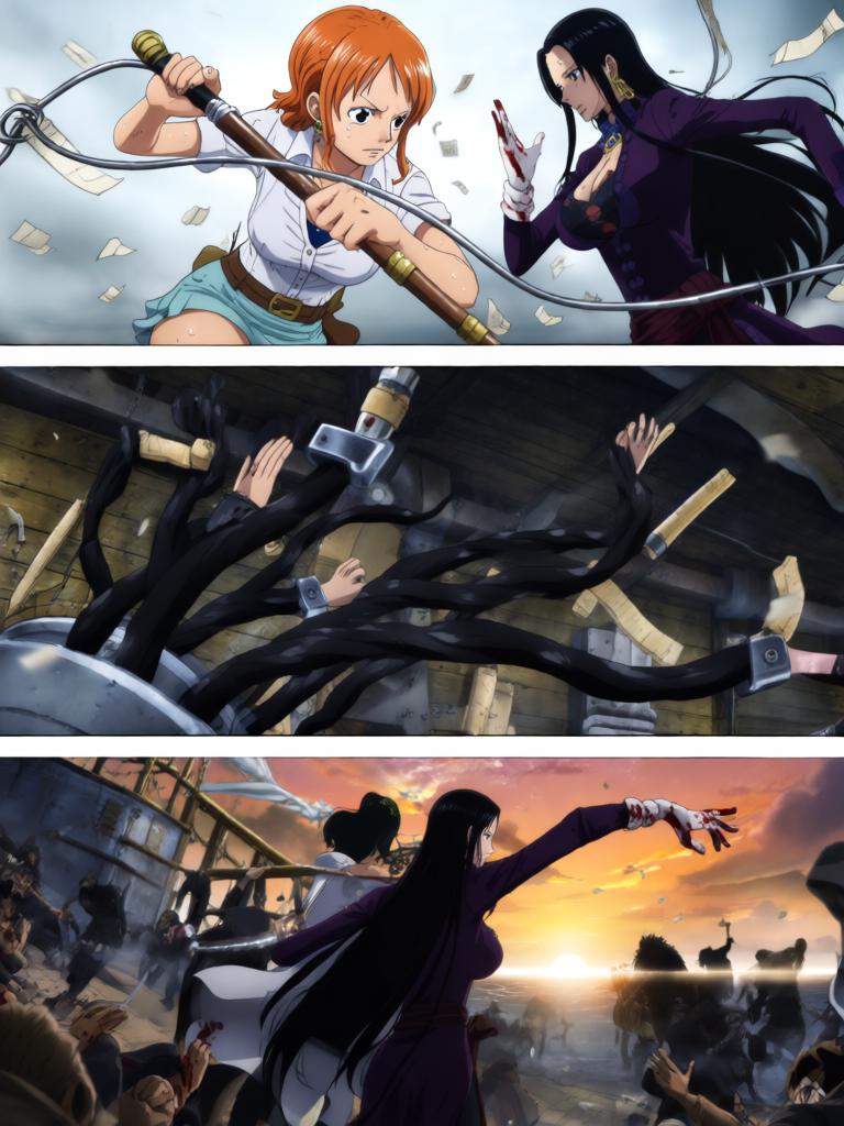 第3章:千阳号的锤音：草帽的回响
黑色舰队撞击千阳号，路飞被抛起，娜美与罗宾几乎同时伸手救他，三人之间的情感在危机中爆发。敌方欲以“D的血”和草帽为钥，旗舰下令夺取草帽。草帽在夕阳下发出异光，甲板上形成一瞬的迟疑，战斗与秘密同时走到悬崖边。 - 图片5