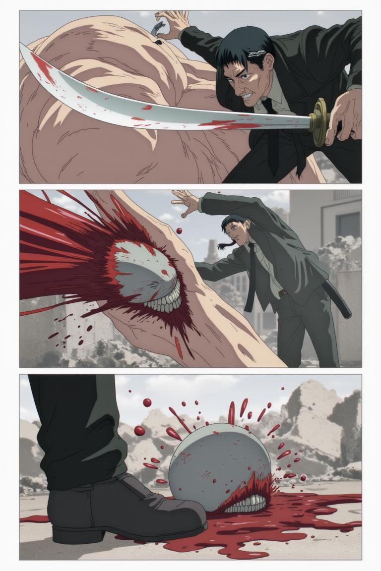 第6章:Collapse and Oden: Shisan and Aki
Inside a crumbling building the Muscle Devil smashes pillars and goads Shisan out of hiding. Aki fights wildly, Shisan's Gluttony-bound claws strike and become trapped as the Muscle Devil reveals the true snare — only to be decapitated by Aki's blade. After the rubble, awkward camaraderie and Makima's quiet orders send Shisan to room with Aki, and the chapter closes on a messy, warm meal at an oden stall. - 图片8