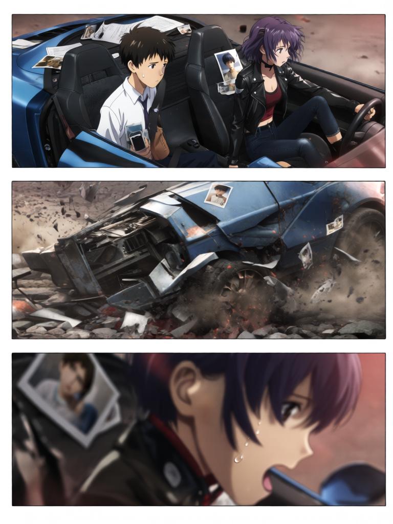 第3章:碎片与救赎的天使圈
空对地导弹射向使徒，却被看不见的屏障挡在前方，使徒反击，战机残骸四散。飞来的碎片朝街头冲来，紫发女子驾车及时横挡救下少年并带他逃离。途中国防部投放的N2地雷引发巨大爆炸，少年被冲击击晕，紫发女子焦急呼喊。 - 图片13