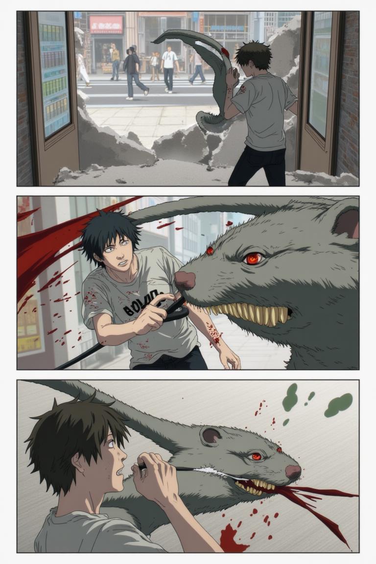 第1章:Aisle of the Rat Demon
A teenage freelance demon hunter, Shisan, wakes in a cramped apartment, hears a news report about demons, and goes out to buy instant noodles. A rat demon smashes into the convenience store — Shisan fights it off with reckless improvisation while his health pact heals him. As he lies bloodied, the looming gluttony demon briefly appears to devour the rat demon; an old boss calls with a new job offer. - 图片9