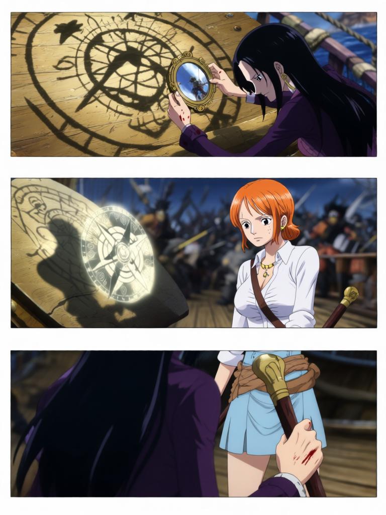 第538章:失落之路的呼唤
晨光如刀，千阳号甲板上紧张在娜美与罗宾之间酝酿。三人上岛追寻传说中的“海心罗盘”，拍卖场上埋伏暴露出更大的阴谋：罗盘是钥匙，指向一个与路飞有关的古老碎片。就在真相渐近之时，黑色舰队出现，巨影疾撞向千阳号，故事在撞击前戛然而止。 - 图片16