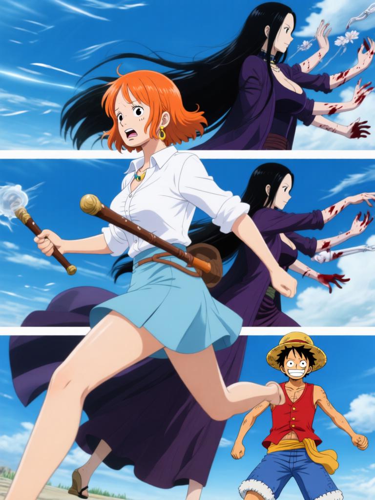 第2章:千阳号的呼救：黑翼罗盘与两位守护者
黑色舰队突然撞向千阳号，路飞被抛起，娜美与罗宾同时伸手相救，触碰之际情感流动。敌方暴露他们要“D”的血作为钥匙，放出能抑制橡胶能力的黑色网。娜美与罗宾放下争执并肩拆除抑制装置，路飞怒吼迎敌，海心罗盘指针直指他胸口，旗舰下令：把他带上船来。 - 图片9