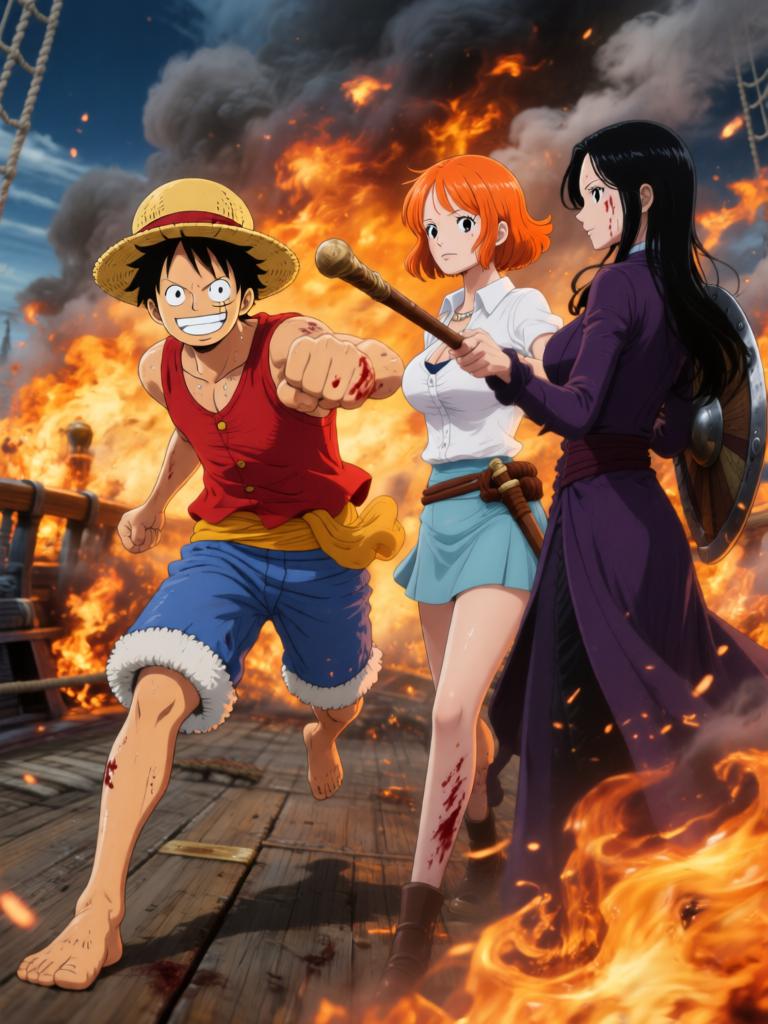 第2章:千阳号的呼救：黑翼罗盘与两位守护者
黑色舰队突然撞向千阳号，路飞被抛起，娜美与罗宾同时伸手相救，触碰之际情感流动。敌方暴露他们要“D”的血作为钥匙，放出能抑制橡胶能力的黑色网。娜美与罗宾放下争执并肩拆除抑制装置，路飞怒吼迎敌，海心罗盘指针直指他胸口，旗舰下令：把他带上船来。 - 图片15